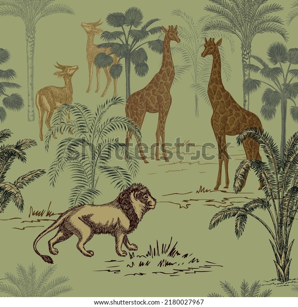 Safari palm trees, lion, giraffe, fawn animal summer floral seamless pattern.Exotic jungle wallpaper.