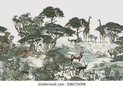 Safari Panorama Landscape Seamless Border, Wildlife and Forest  African Nature, Giraffe, Leopard, Antelopes, Zebra Animals Print, Realistic drawing Mural Wallpaper