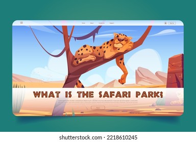 Safari park cartoon landing page with relaxed cheetah sleeping on tree branch. Invitation in national park with wild animals. Savannah inhabitants life, outdoor zoo booking tickets, Vector web banner