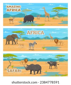 Safari park or hunting sport, African animals in savanna, vector hunt or Africa zoo banners. African savanna with wild giraffe, zebra and lion, hippopotamus with rhinoceros, antelope and cheetah