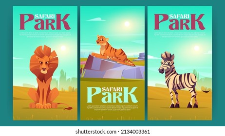 Afiches del parque Safari con animales salvajes. Folletos de invitación al tour de Savannah con habitantes africanos de león, tigre y jungla de cebra en el área del zoológico al aire libre. Vida de las bestias en la naturaleza Vector invitar tarjetas