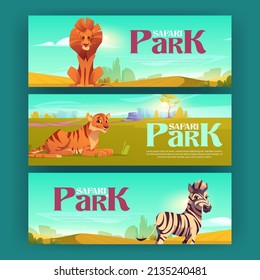 Safari park posters with zebra, tiger and lion in savannah. Vector invitation flyers to exotic tour in savanna with cartoon illustration of african animals in natural park