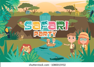Safari party poster with wild animal and kids. Editable vector illustration