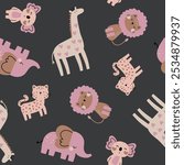 safari pattern design for baby girl fashion with pretty lion, giraffe, elephant, leopard and koala drawing as vector