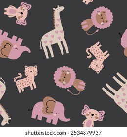 safari pattern design for baby girl fashion with pretty lion, giraffe, elephant, leopard and koala drawing as vector