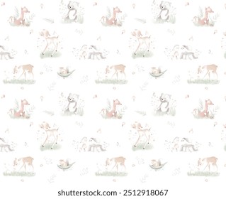Safari padrão mão desenhado por aquarela. Animais selvagens e plantas tropicais em estilo de desenho animado bonito. Papel digital para crianças