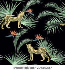 Safari pattern with leopard, strelizia, palm leaves. Tropical background. Vector seamless illustration. Vintage wallpaper.