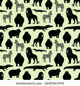 Safari Pattern with Zebras, Lions, and Rhinos on Green. Seamless African Wildlife Design with Black Silhouettes