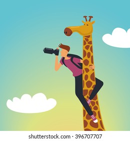 Safari. Photographer with a giraffe