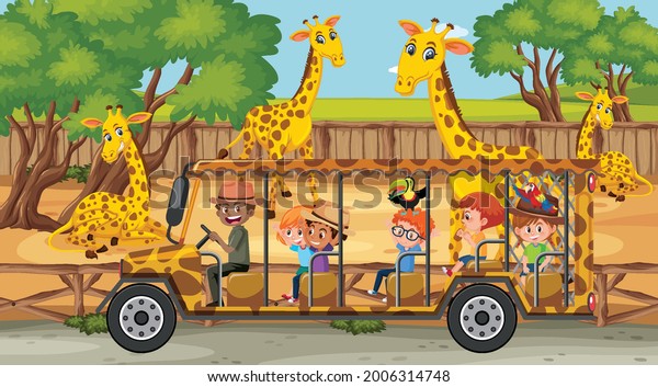 Safari scene with children watching giraffe\
group illustration