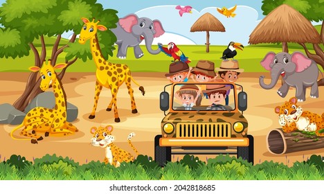 Safari scene at daytime with children tourist on the car illustration