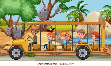 Safari scene at daytime with children tourists watching koala group illustration
