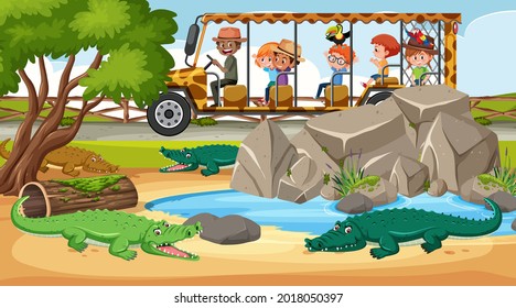 Safari scene at daytime with children tourists watching alligator group illustration