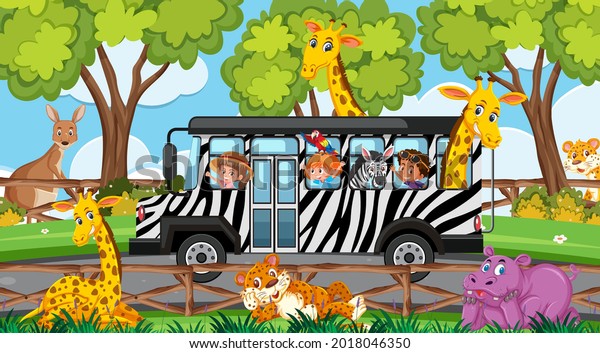 Safari scene at daytime with kids and\
animals on bus\
illustration