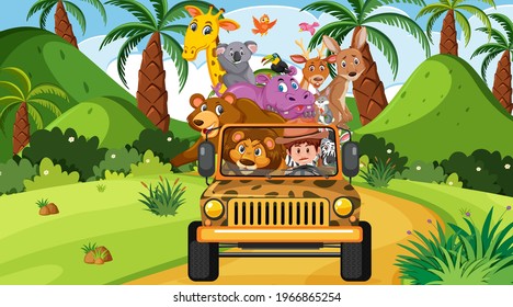 Safari scene at daytime with wild animals on the tourist car illustration