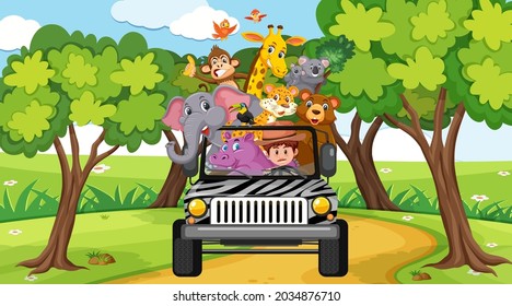 Safari scene at daytime with wild animals on the tourist car illustration