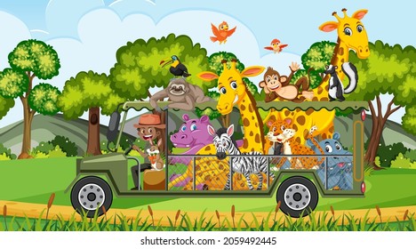 Safari scene at daytime with wild animals on the tourist car illustration