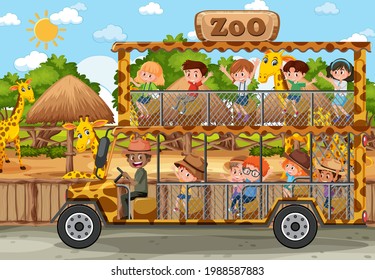 Safari scene with kids on tourist car watching giraffe group illustration