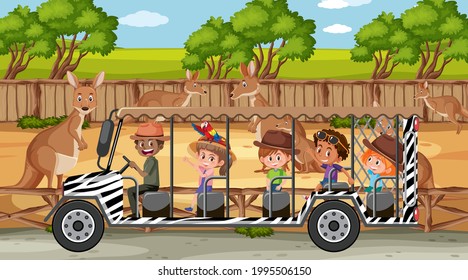 Safari scene with kids on tourist car watching kangaroo group illustration