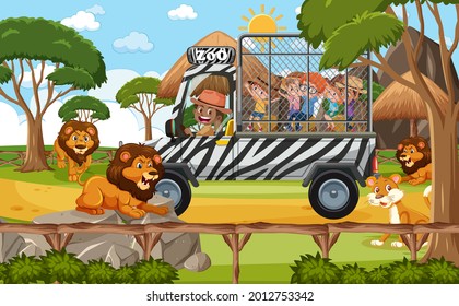 Safari scene with kids on tourist car watching lion group illustration