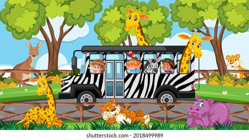 Safari scene with kids on tourist car watching animals illustration