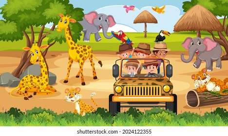 Safari scene with kids on tourist car watching animals illustration