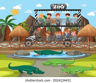 Safari scene with kids on tourist car watching alligator group illustration