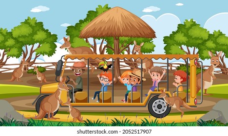 Escena de Safari con niños en un coche turístico viendo la ilustración de un grupo de kangaro