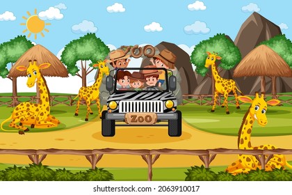 Safari scene with kids on tourist car watching giraffe group illustration