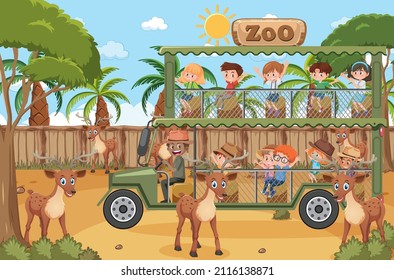 Safari scene with kids on tourist car watching deer group illustration