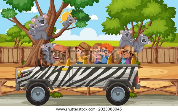 Safari scene with kids on tourist car\
watching koala group\
illustration