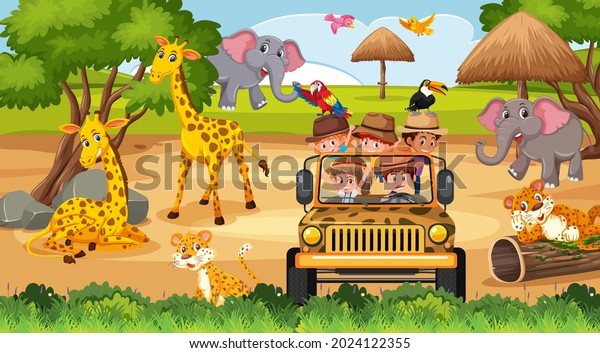 Safari scene with kids on tourist car\
watching animals\
illustration