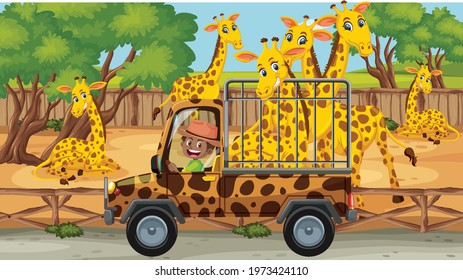 Safari scene with many giraffes in a cage car illustration