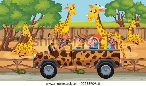 Safari scene with many giraffes in a cage\
car illustration