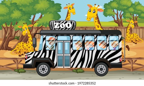 Safari scene with many giraffes and kids on tourist bus illustration