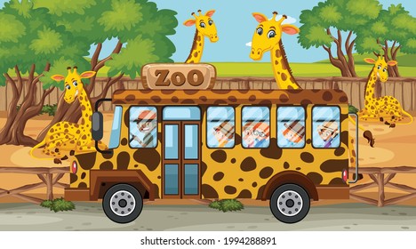 Safari scene with many giraffes and kids on tourist bus illustration
