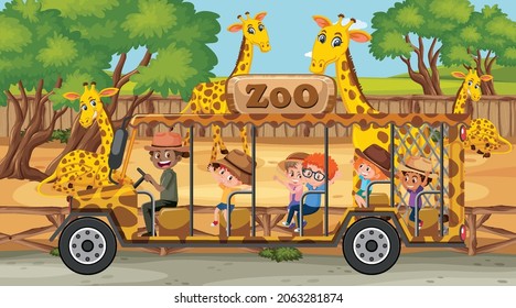 Safari scene with many giraffes and kids on tourist car illustration