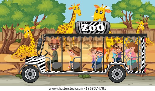 Safari scene with many giraffes and kids on\
tourist car\
illustration