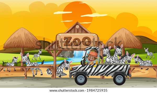 Safari scene at sunset time with zabra group\
on pickup truck\
illustration