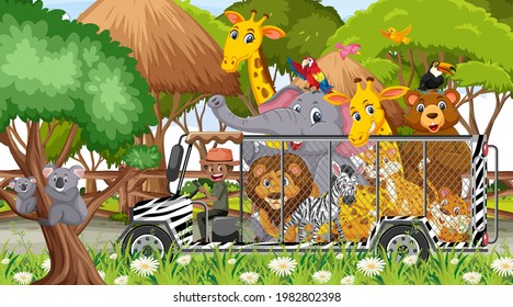 Safari scene with wild animals in the cage car illustration