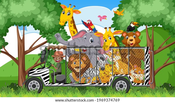 Safari scene with wild animals in the cage\
car illustration