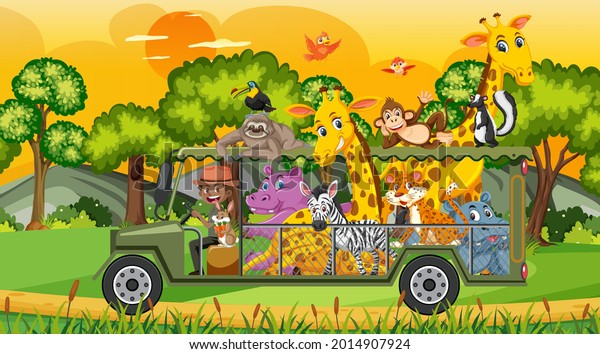 Safari scene with wild animals in the cage\
car illustration