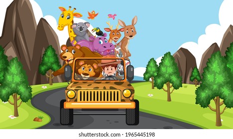 Safari scene with wild animals in the jeep car illustration