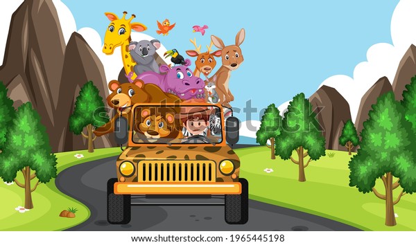 Safari scene with wild animals in the jeep\
car illustration