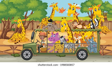 Safari scene with wild animals in a tourist car illustration