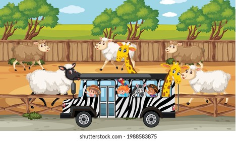 Safari scenes with many sheeps and kids cartoon character illustration