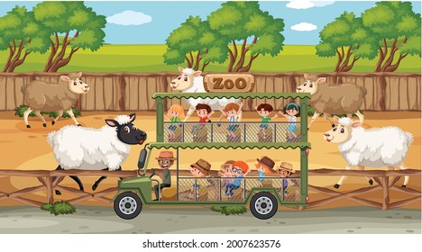 Safari scenes with many sheeps and kids cartoon character illustration