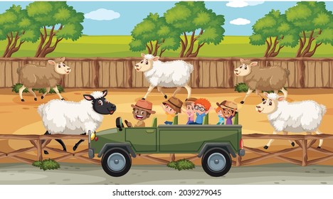 Safari scenes with many sheeps and kids cartoon character illustration