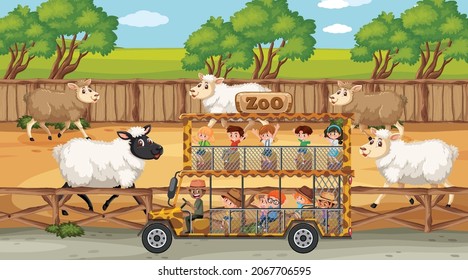 Safari scenes with many sheeps and kids cartoon character illustration