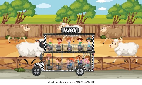 Safari scenes with many sheeps and kids cartoon character illustration